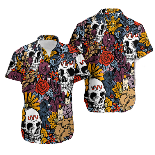 Skull Hawaii Shirt Skull Flower Candle Doodle Pattern Hawaiian Shirt Colorful Unisex