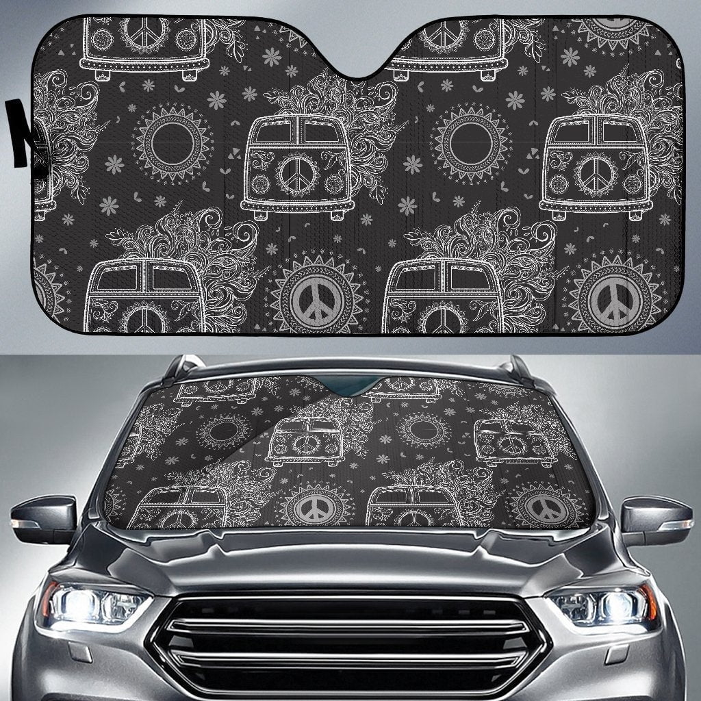 Hippie Car Sun Shade Hippie Van Peace Sign The Sun Pattern Winshield Sun Shade Black