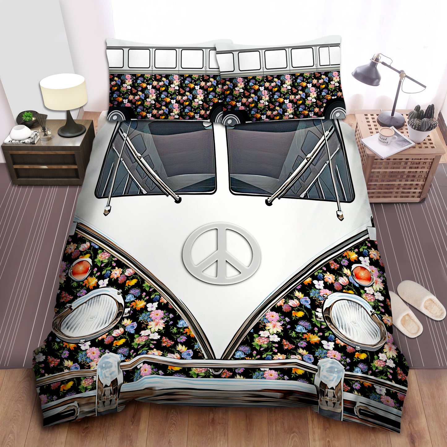 Hippie Bedding Set Hippie Car And Flowers Duvet Covers Black White Unique Gift