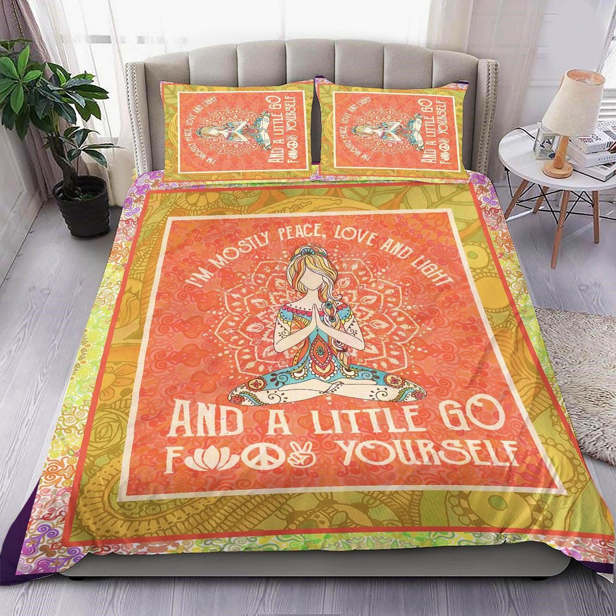 Hippie Bedding Set I'm Mostly Peace Love And Light Duvet Covers Orange Yellow Unique Gift