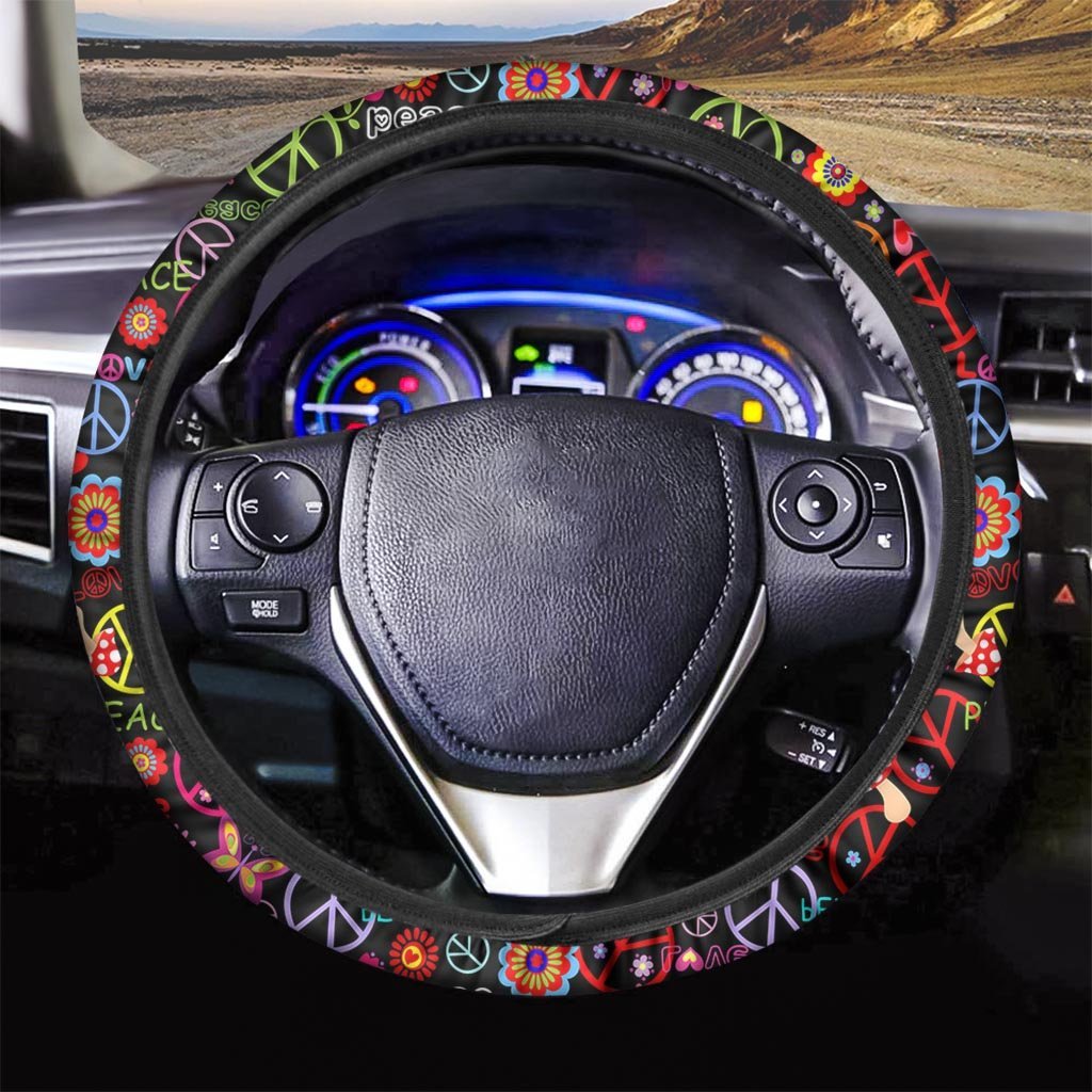 Hippie Steering Wheel Cover Hippie Peace Sign Love Flower Pattern Driving Wheel Cover Colorful