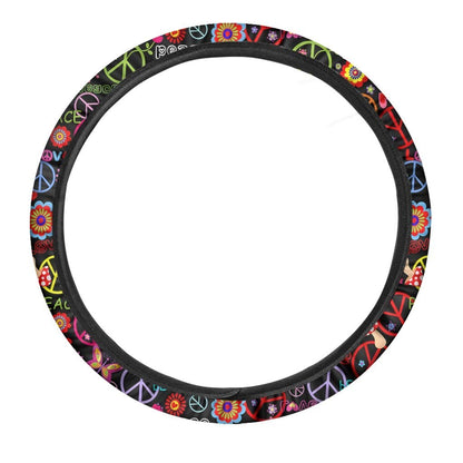 Hippie Steering Wheel Cover Hippie Peace Sign Love Flower Pattern Driving Wheel Cover Colorful