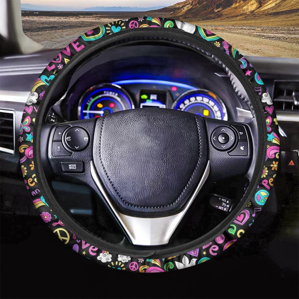 Hippie Steering Wheel Cover Retro Peace And Love Pattern Driving Wheel Cover Colorful