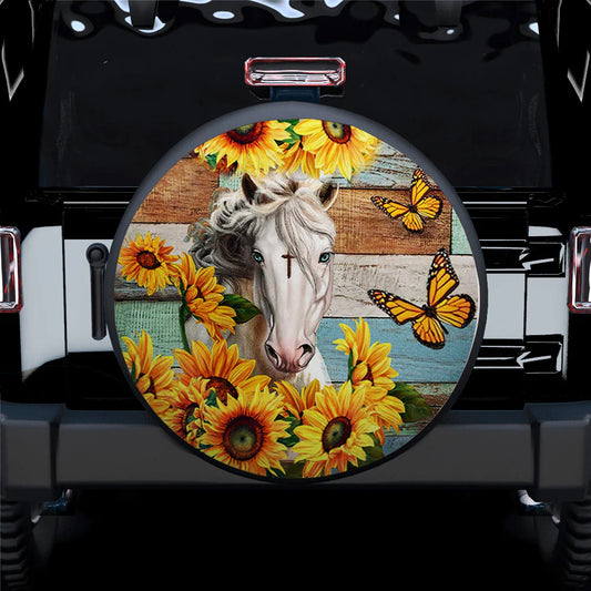 Horse Spare Tire Cover Horse Faith Sunflower Butterflies Pattern Tire Covers Yellow White