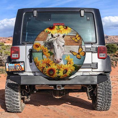 Horse Spare Tire Cover Horse Faith Sunflower Butterflies Pattern Tire Covers Yellow White