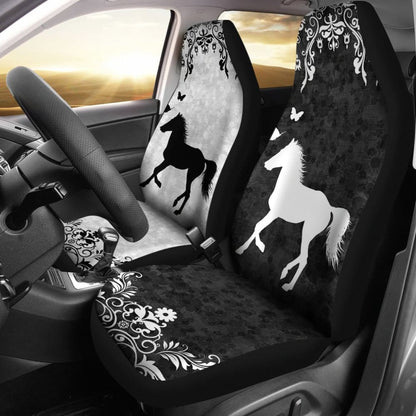 Horse Car Seat Covers Horse Leaves Silhouette Pattern Seat Covers Black White