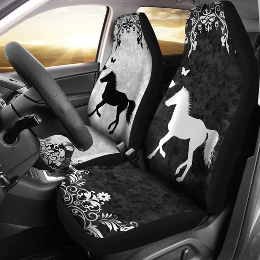 Horse Car Seat Covers Horse Leaves Silhouette Pattern Seat Covers Black White