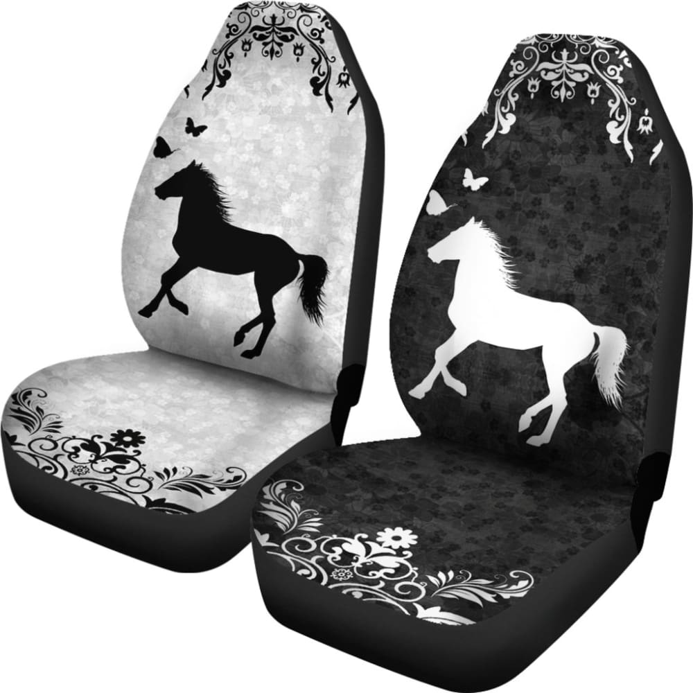 Horse Car Seat Covers Horse Leaves Silhouette Pattern Seat Covers Black White