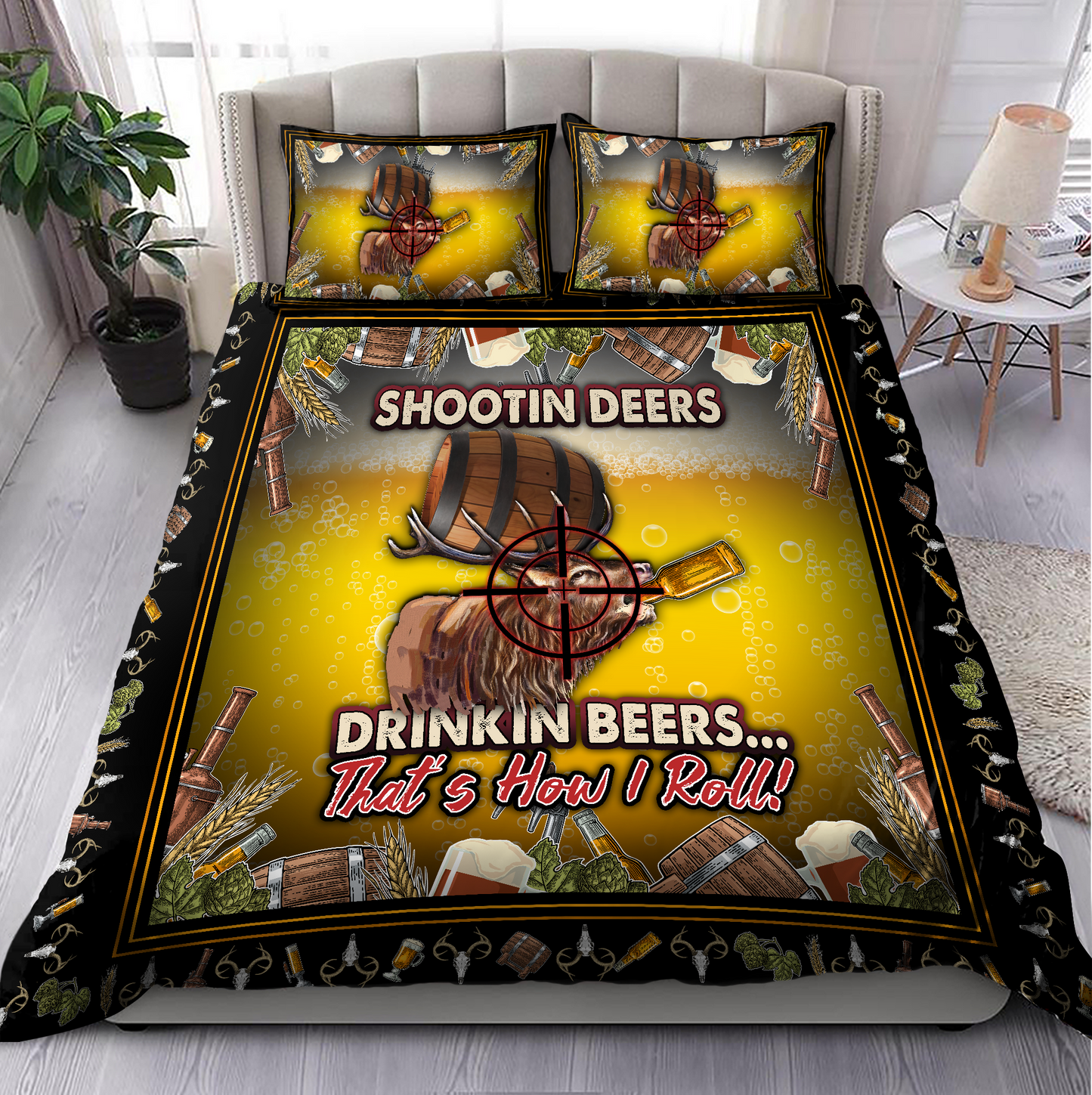 Beer Bedding Set Hunting Deer Drinking Beer Duvet Covers Brown Unique Gift