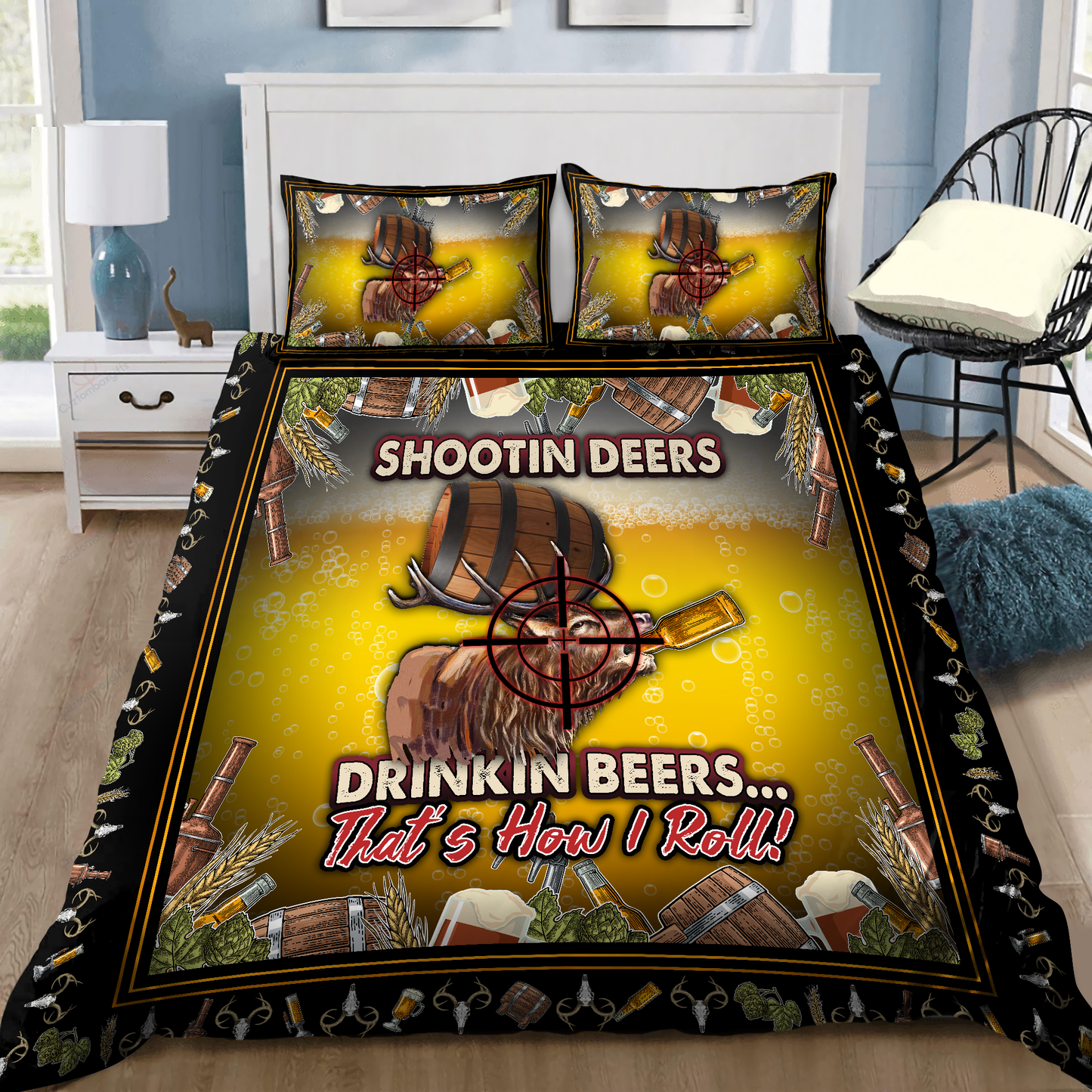 Beer Bedding Set Hunting Deer Drinking Beer Duvet Covers Brown Unique Gift