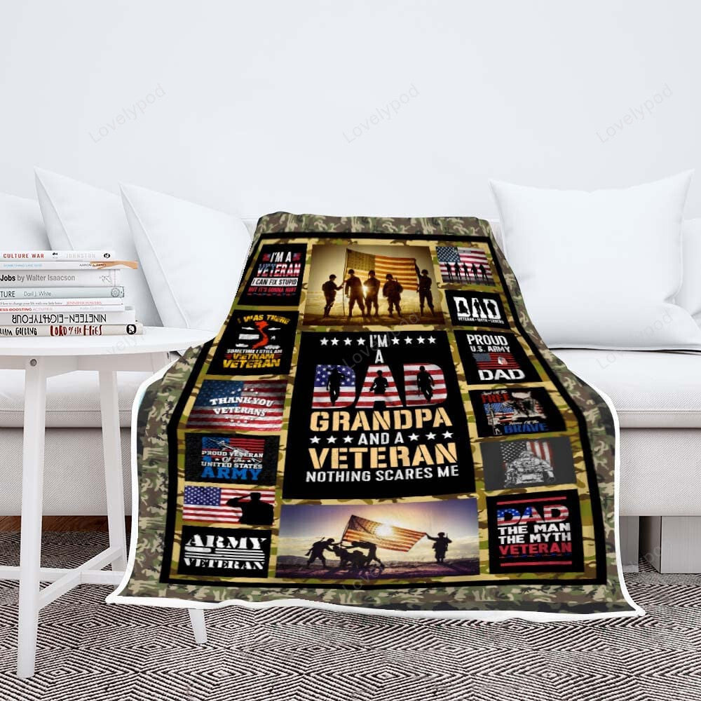 Veteran Blanket I'm A Dad Grandpa And A Veteran Blanket Black Yellow