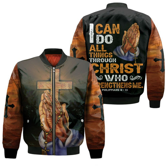 Jesus Bomber Jacket Christ Who Strengthens Me Bomber Black Orange Unisex