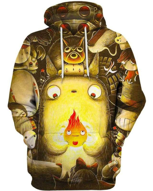 SGhibli Hoodie Totoro Holding Calcifer Fire Graphic Hoodie Yellow Brown Unisex