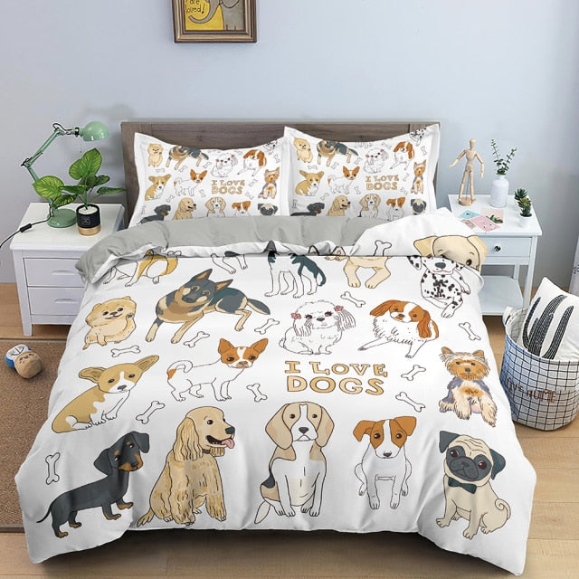 Dog Bedding Set I Love Dogs Bone Pattern Duvet Covers White Unique Gift