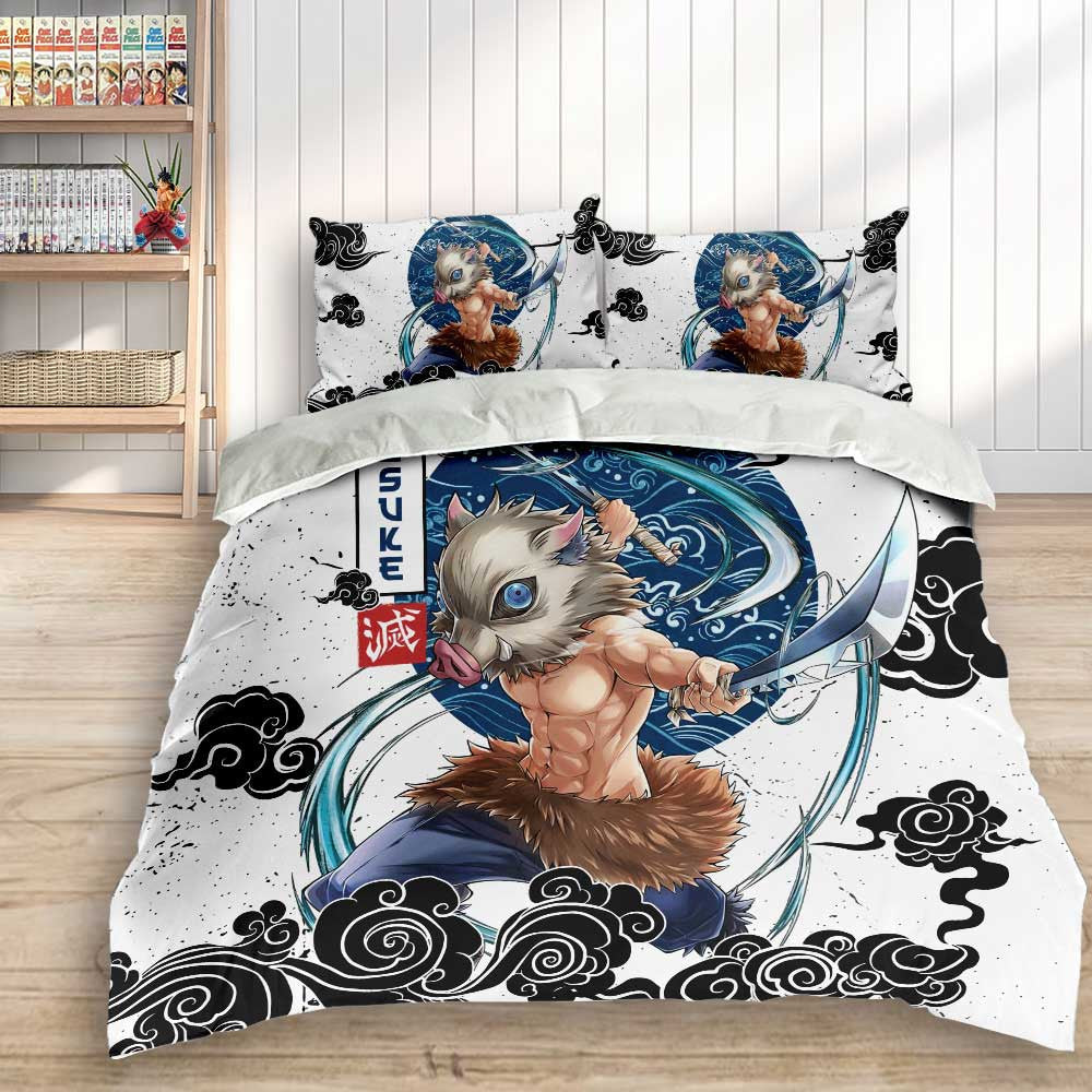 Demon Slayer Bedding Set Inosuke Hashibira Fighting Scene Duvet Covers Black White Unique Gift