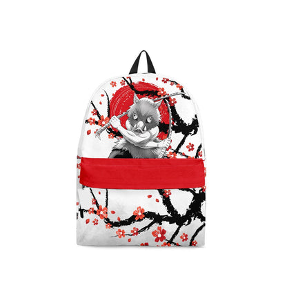 Demon Slayer Backpack Inosuke Japanese Cherry Blossom Pattern Backpacks White Red