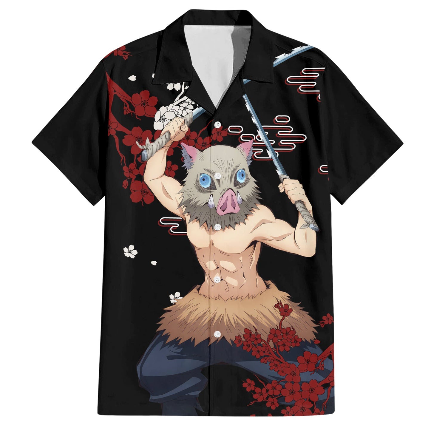Demon Slayer Hawaii Shirt Inosuke Hashibira Cherry Blossom Hawaiian Shirt Black Unisex