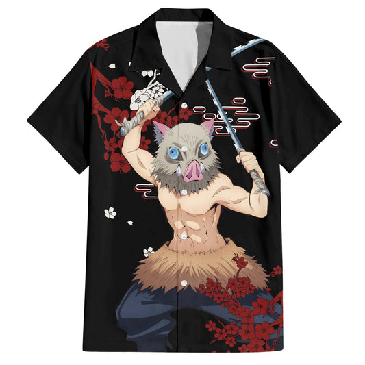Demon Slayer Hawaii Shirt Inosuke Hashibira Cherry Blossom Hawaiian Shirt Black Unisex