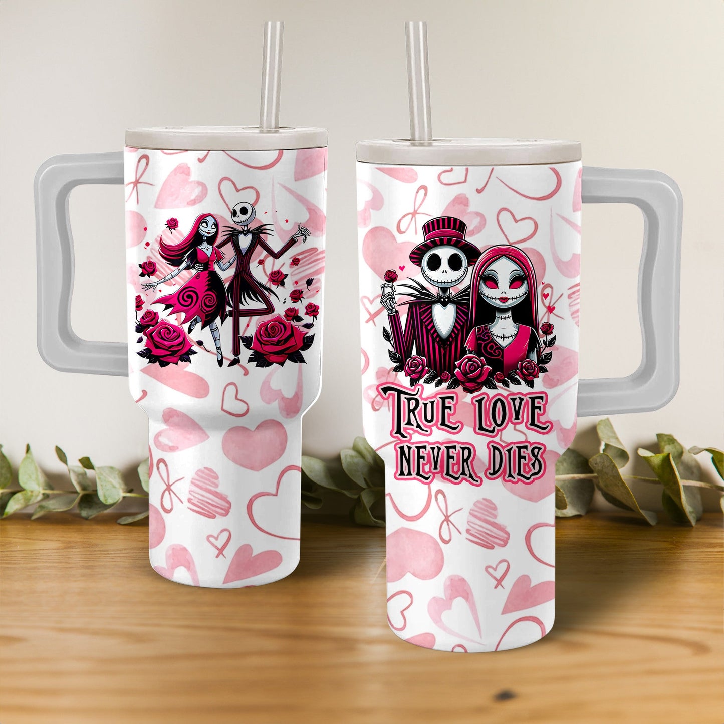 TNBC 40 Oz Tumbler True Love Never Dies Tumbler 40 Oz White Pink