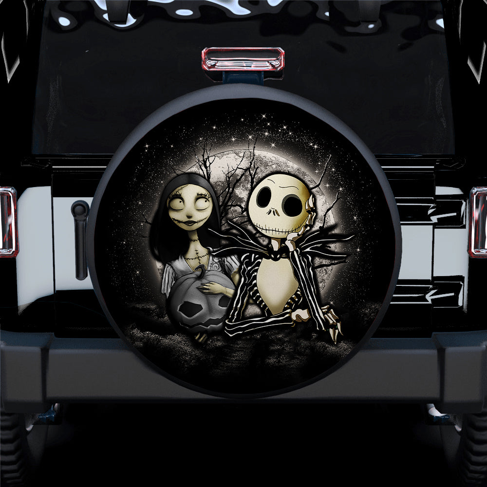 TNBC Spare Tire Cover Sally And Jack Skellington Graphic Moonlight Tire Covers Black Gray