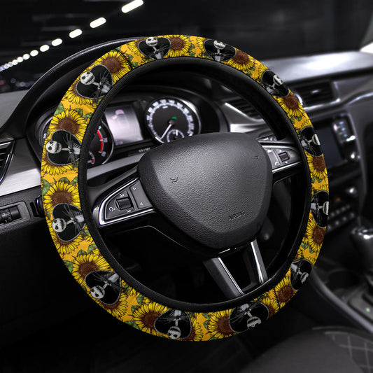 TNBC Steering Wheel Cover Jack Skellington Zipper Sunflower Pattern Driving Wheel Cover Yellow