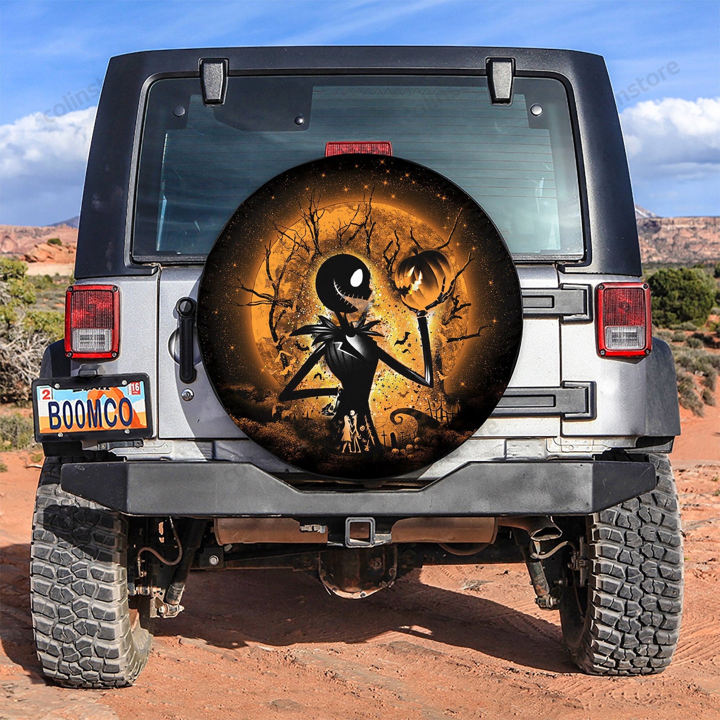 TNBC Spare Tire Cover Jack Skellington Silhouette Moonlight Tire Covers Black Orange