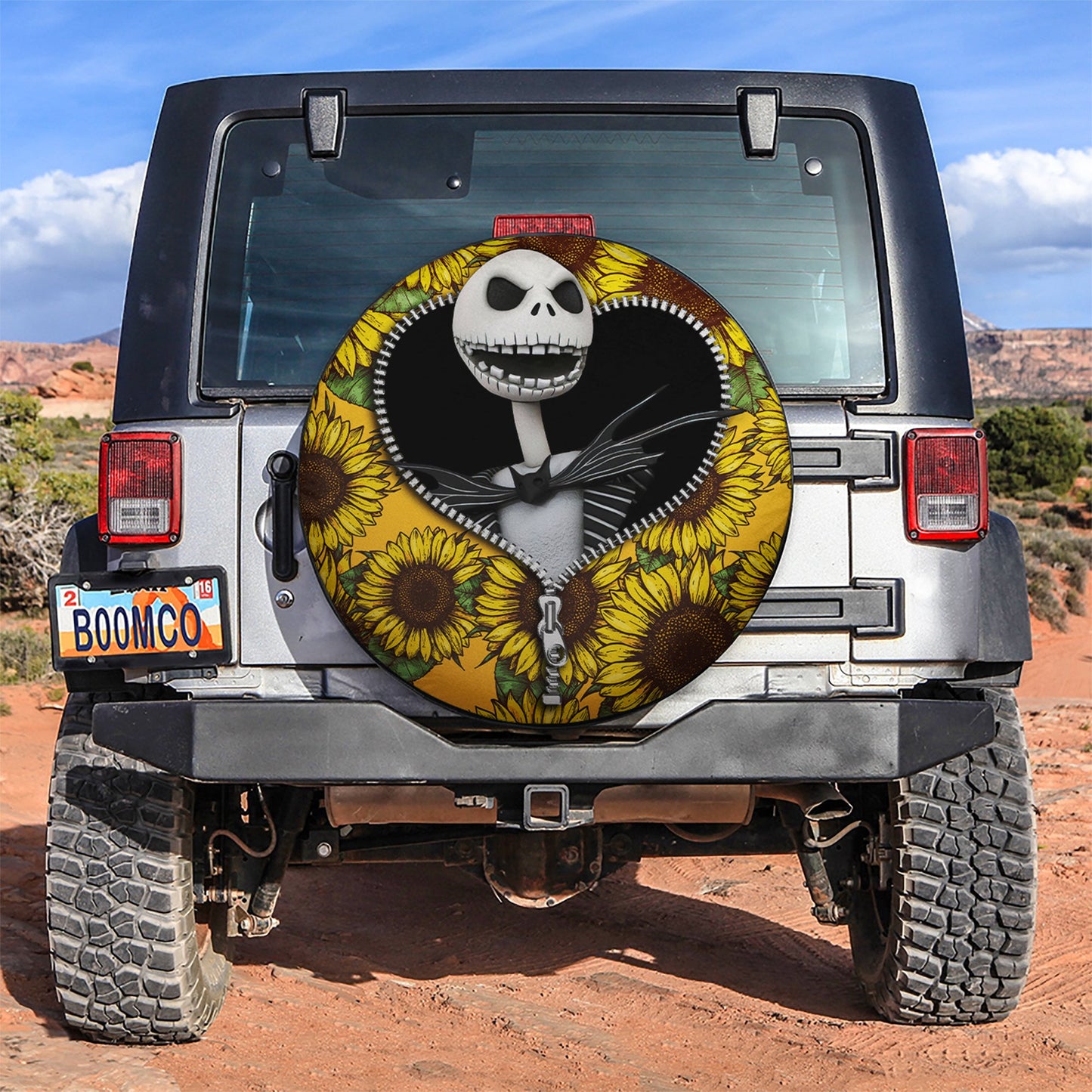 TNBC Spare Tire Cover Jack Skellington Zipper Sunflower Pattern Tire Covers Yellow