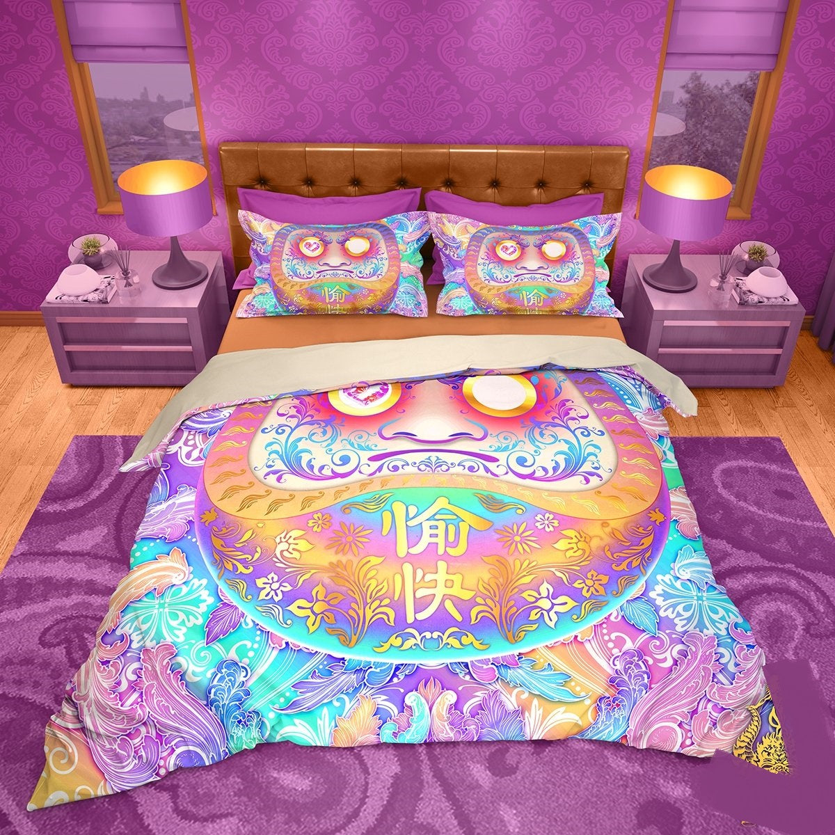 Japan Bedding Set Floral Patterned Daruma Graphic Duvet Covers Colorful Unique Gift