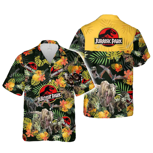 Jurassic Park Hawaii Shirt Jurassic Park Dangerous Dinosaur Pattern Hawaiian Shirt Black Yellow Unisex