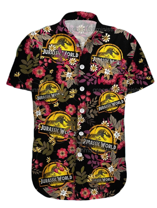 Jurassic Park Hawaii Shirt Jurassic World Tropical Flower Pattern Hawaiian Shirt Black Red Unisex