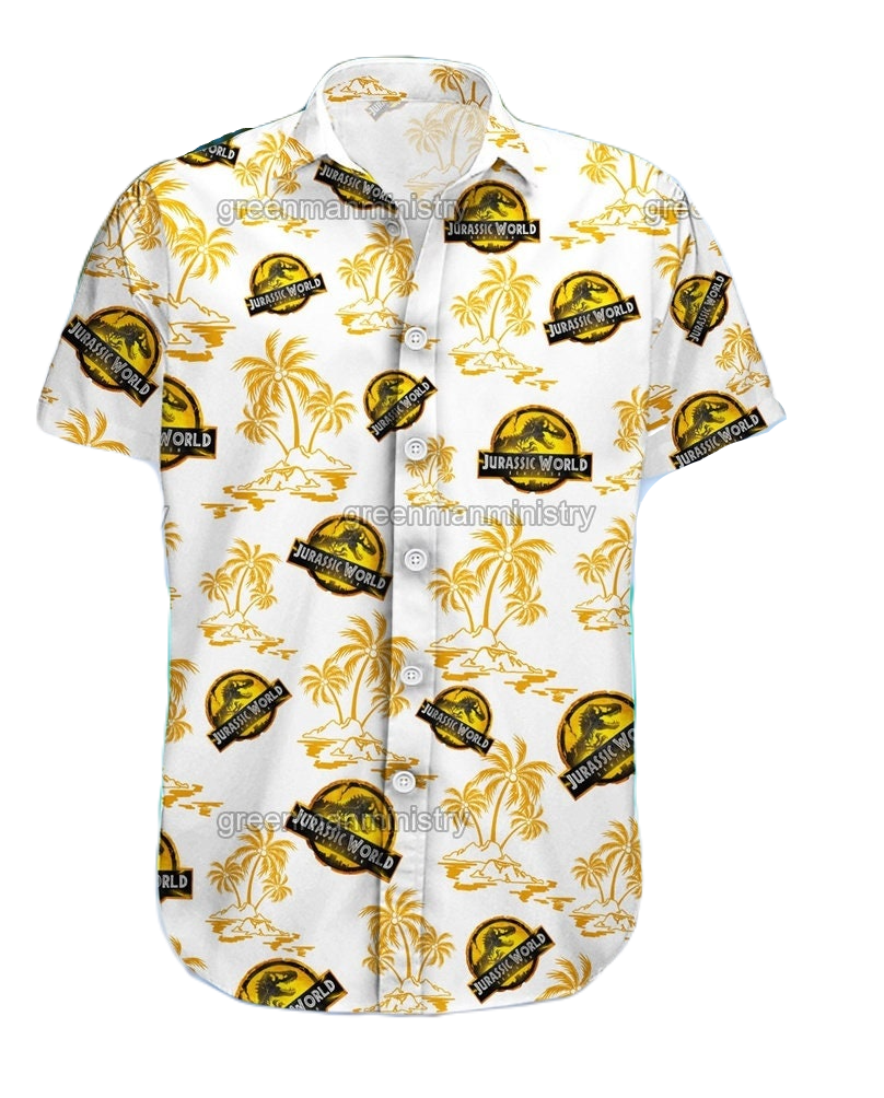 Jurassic Park Hawaii Shirt Jurassic World Symbol Palm Tree Pattern Hawaiian Shirt White Yellow Unisex