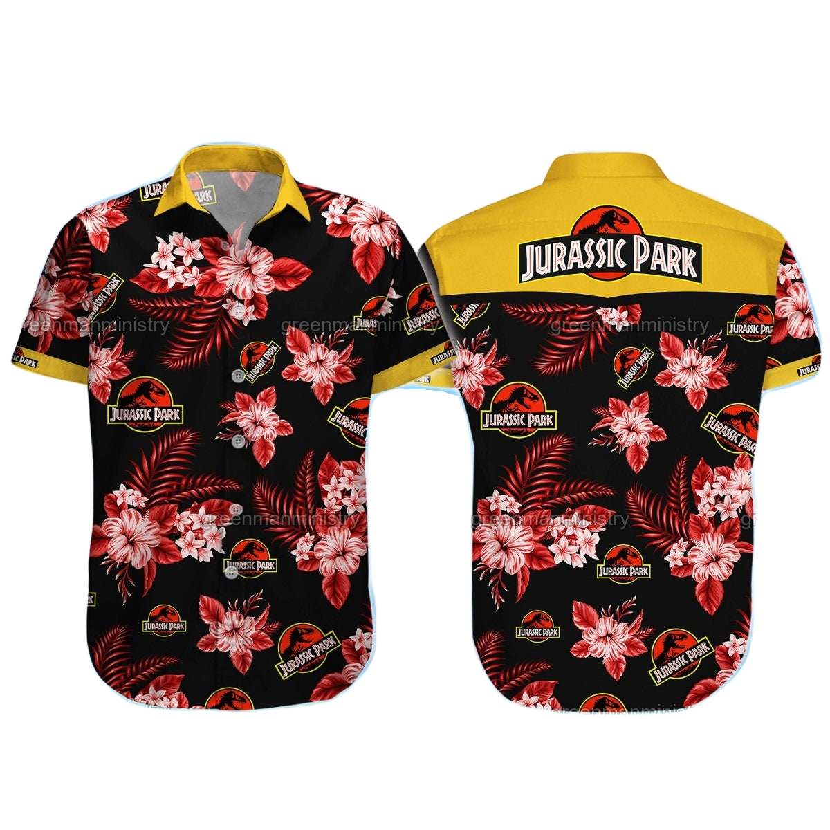 Jurassic Park Hawaii Shirt Jurassic Park Hibiscus Flower Pattern Hawaiian Shirt Black Red Unisex