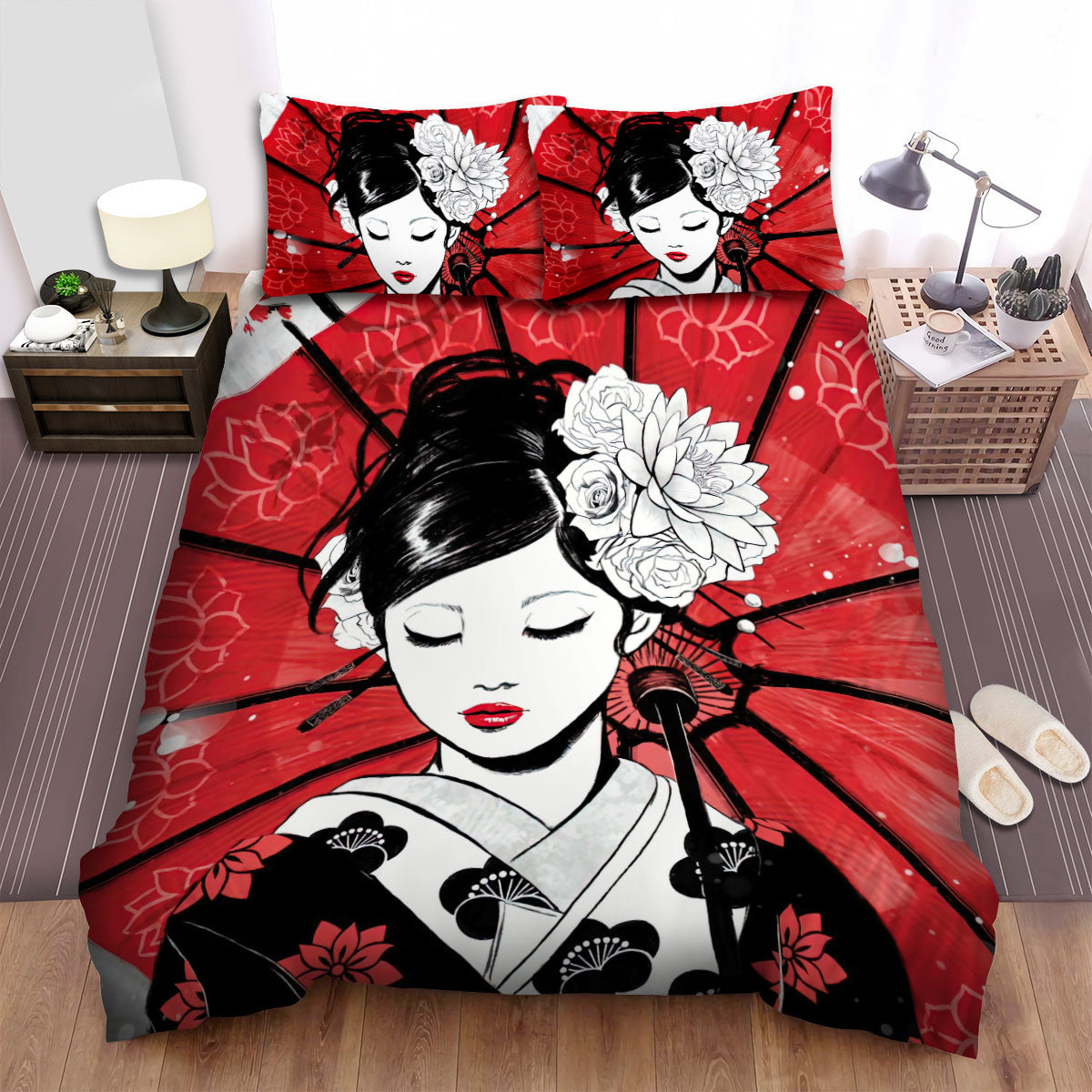 Japan Bedding Set Japan Art Geisha With Umbrella Duvet Covers Black Red Unique Gift
