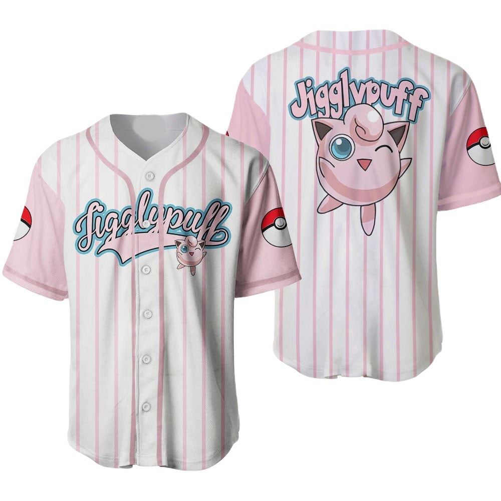 PKM Baseball Jersey PKM Jigglypuff Kasumi Graphic Jersey Shirt Pink White Unisex