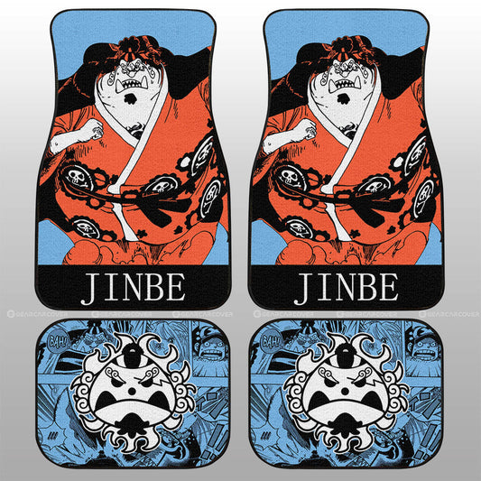 One Piece Car Mats Jinbe Graphic Manga Pattern Jolly Roger Symbol Car Floor Mats Blue Orange