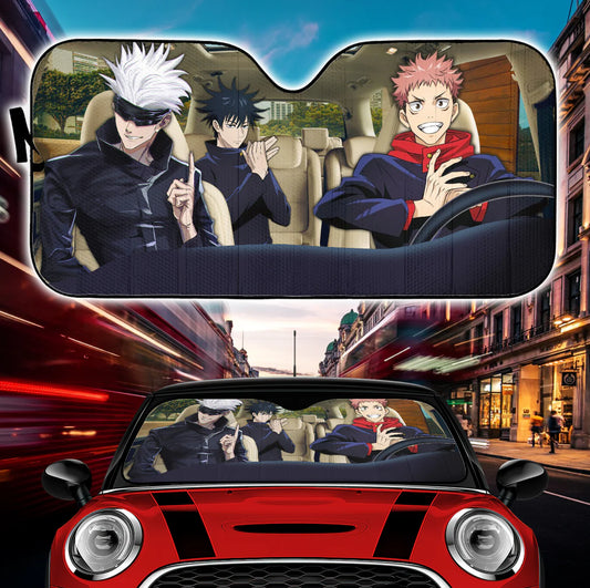 Jujutsu Kaisen Car Sun Shade Megumi And Yuji Gojo Driving Winshield Sun Shade Black White