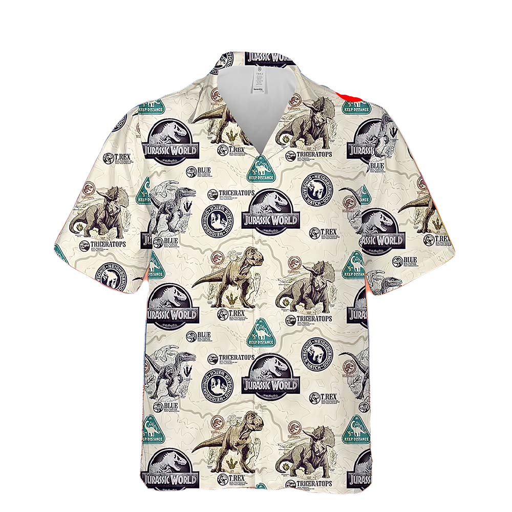 Jurassic Park Hawaii Shirt Jurassic World Triceratops T-Rex Pattern Hawaiian Shirt White Unisex