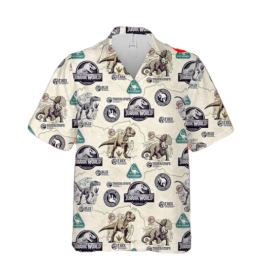 Jurassic Park Hawaii Shirt Jurassic World Triceratops T-Rex Pattern Hawaiian Shirt White Unisex