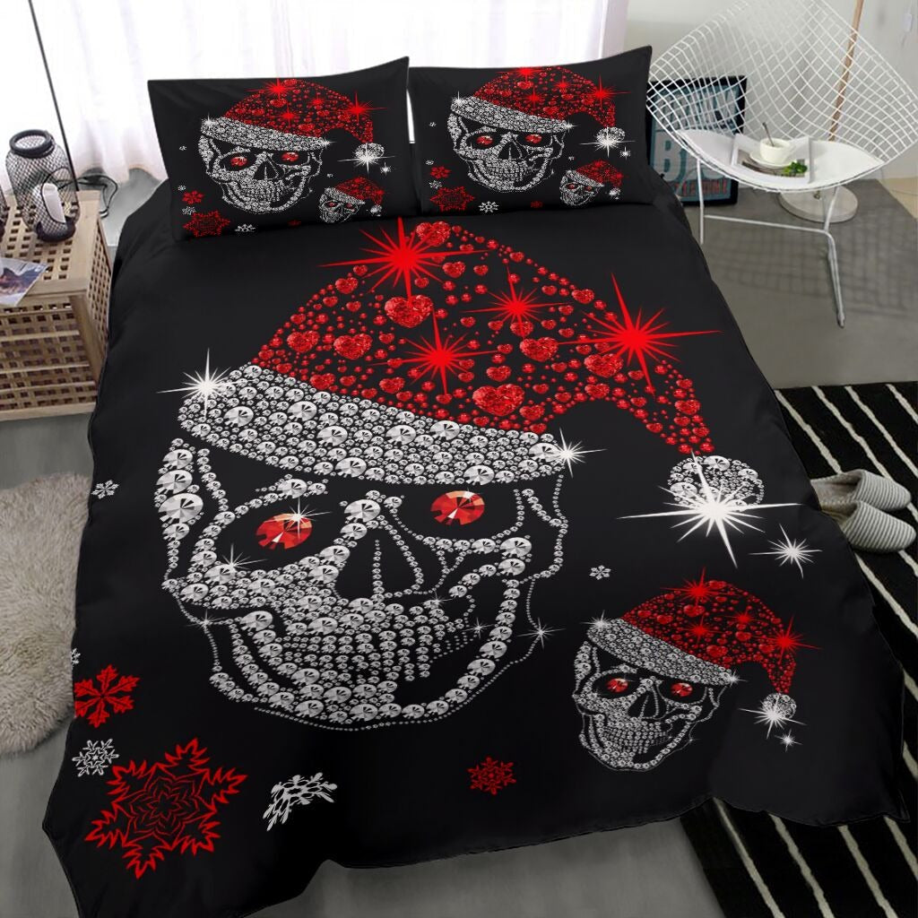 Skull Bedding Set Skull Christmas Hat Diamond Pattern Duvet Covers Black Unique Gift