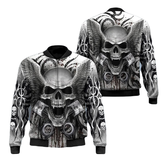 Skull Bomber Jacket Scary King Skull Wings Graphic Bomber Black White Unisex