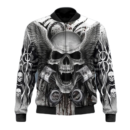 Skull Bomber Jacket Scary King Skull Wings Graphic Bomber Black White Unisex