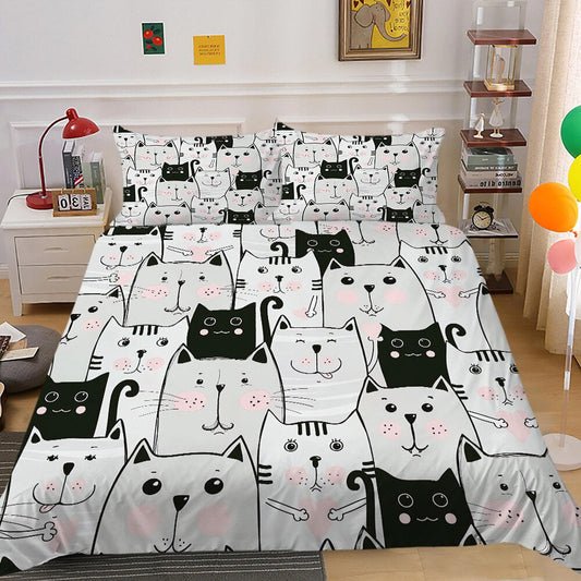 Cat Bedding Set Cute Cat Face Emotions Pattern Duvet Covers Black White Unique Gift