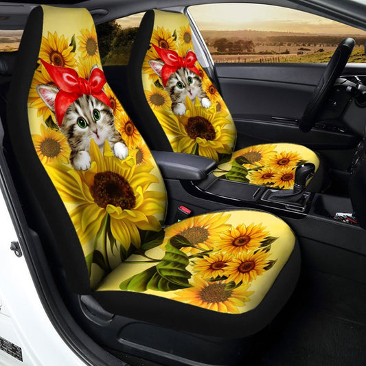 Cat Car Seat Covers Cute Kitten With Sunflower Graphic Seat Covers Yellow