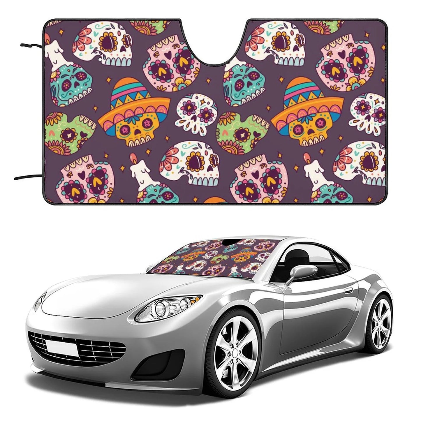 Skull Car Sun Shade Mexican Sugar Skull Pattern Winshield Sun Shade Colorful