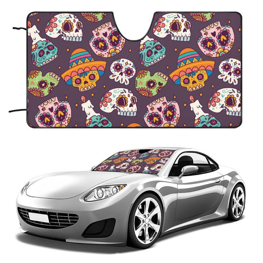 Skull Car Sun Shade Mexican Sugar Skull Pattern Winshield Sun Shade Colorful