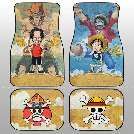 One Piece Car Mats Cute Young Luffy And Ace Graphic Jolly Roger Symbols Car Floor Mats Colorful