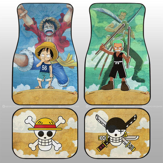 One Piece Car Mats Cute Young Luffy And Zoro Jolly Roger Symbols Car Floor Mats Colorful