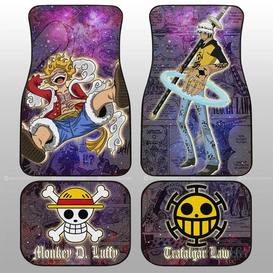 One Piece Car Mats Luffy And Law Graphic Manga Pattern Jolly Roger Symbols Galaxy Car Floor Mats Purple