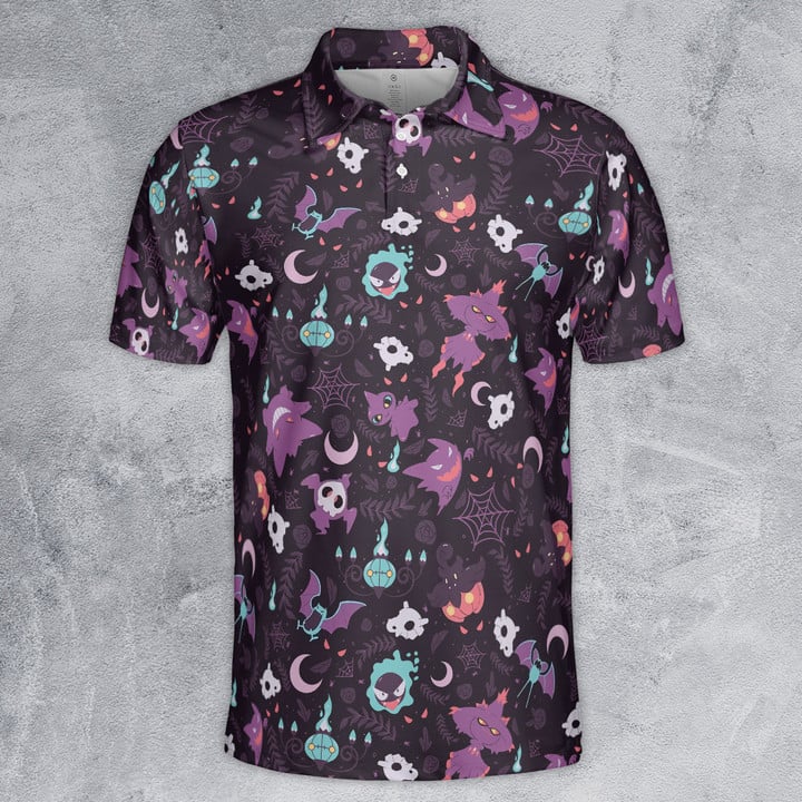 PKM Polo Shirt Lavender Town Ghost Type PKM Pattern Polo Tees Purple