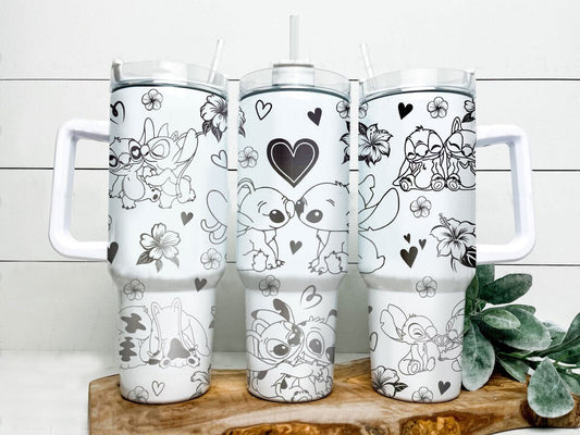 Stitch 40 Oz Tumbler Stitch And Angel Kissing Pattern Tumbler 40 Oz White Black